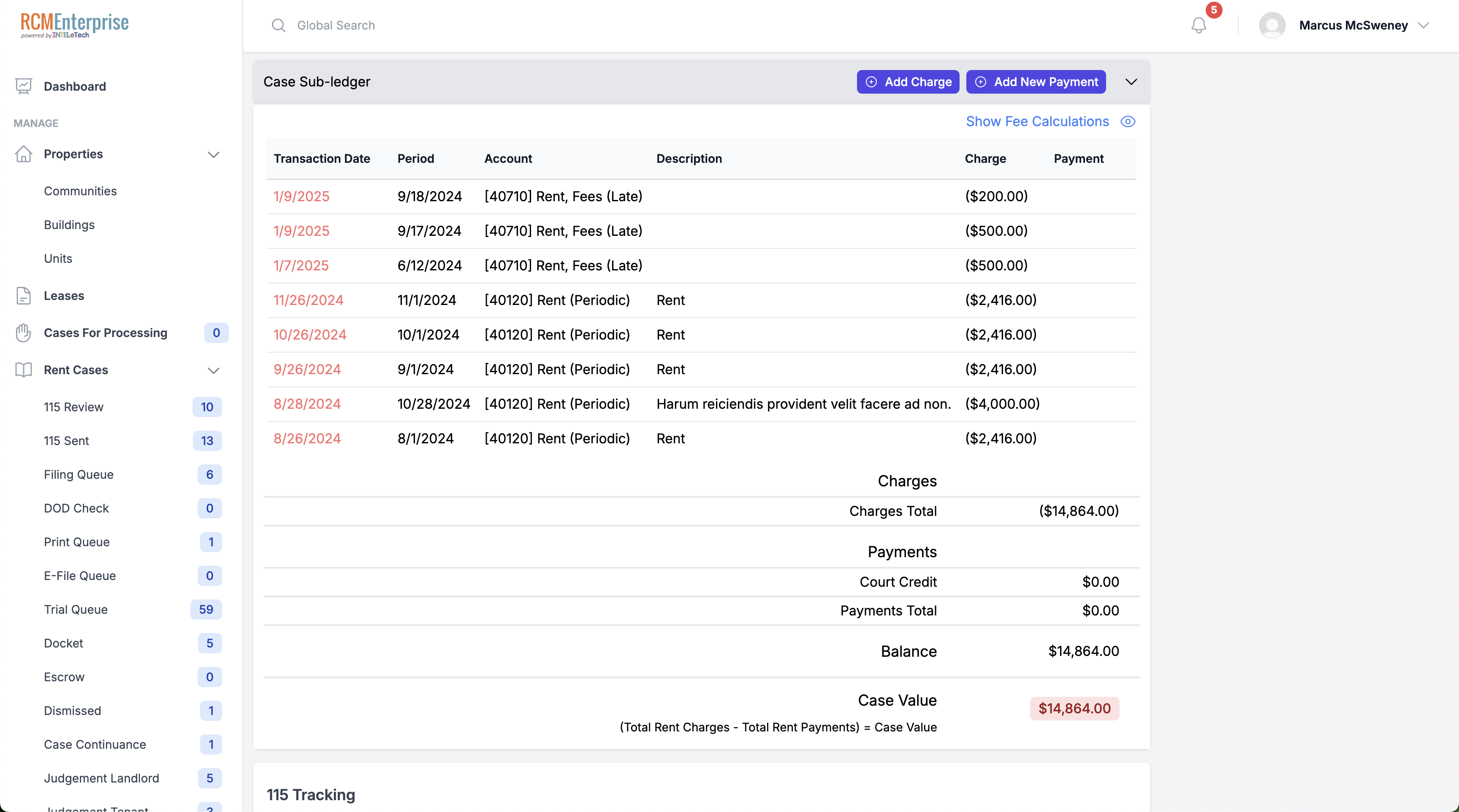 Case sub-ledger — rent and non-rent charges separated automatically